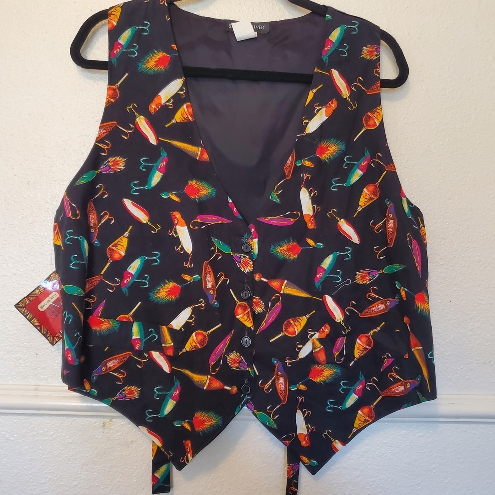 Saddle River Mens Fishing Lure Print Vest Black Cotton Waistcoat L/XL NWT